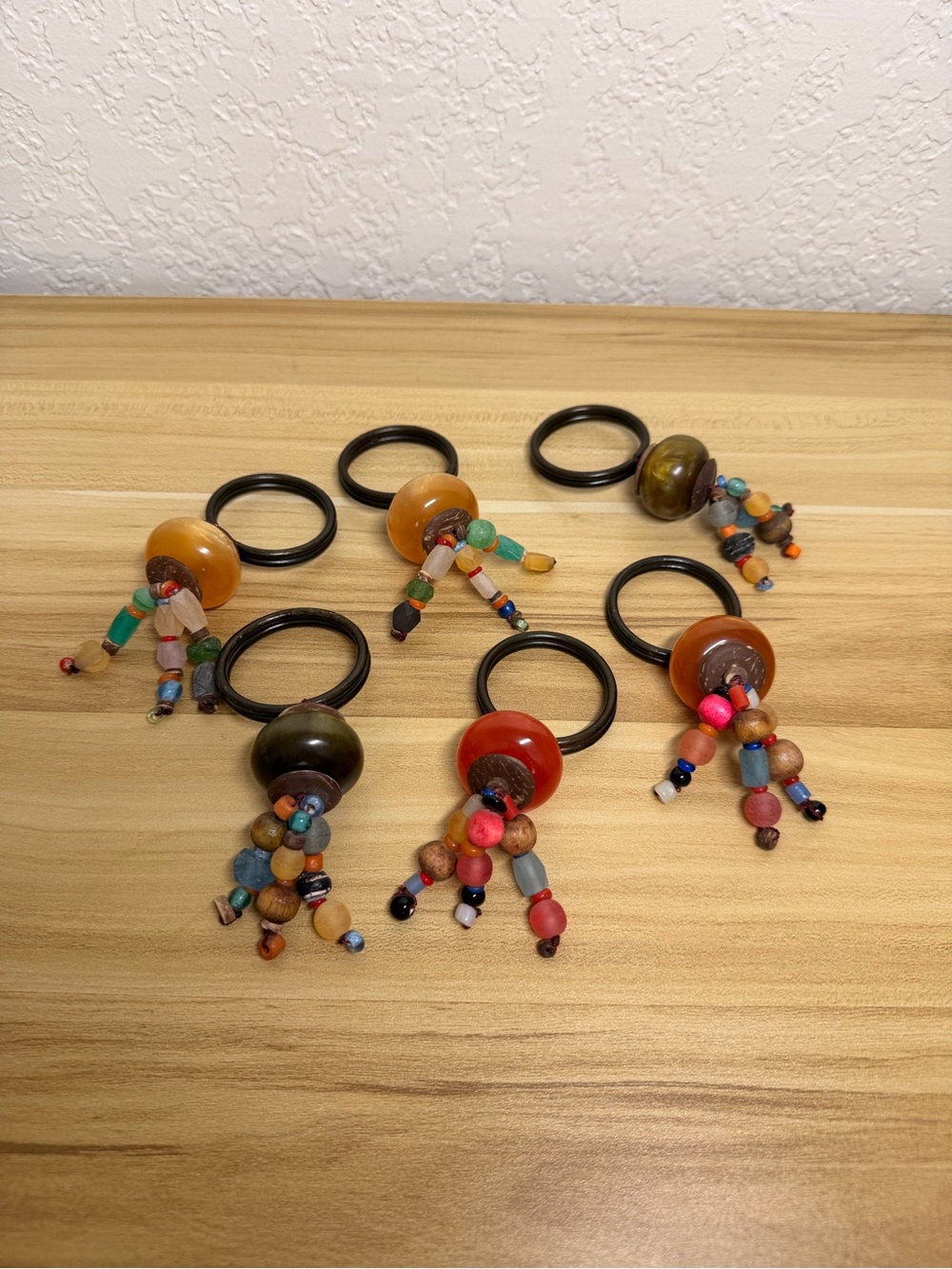 Vintage Pier 1 Beaded Wooden Glass Napkin Rings Kitchen Lot of 6 New Rare